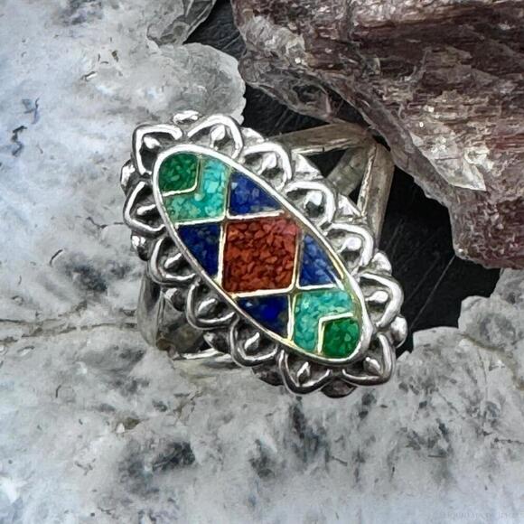 Carolyn Pollack Sterling Elongated Oval Multistone Chip Inlay Ring For Women - Picture 1 of 10